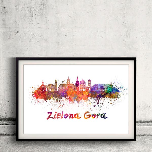 Zielona Gora skyline in watercolor over white background with name of city - Poster Wall art Illustration Print - SKU 2809
