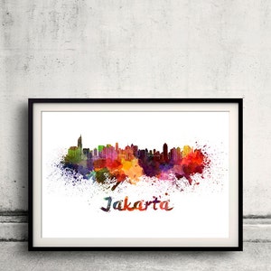 Jakarta skyline in watercolor over white background with name of city 8x10 in. to 12x16 in. Poster Wall art Illustration Print  - SKU 0261