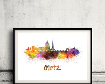 Metz skyline in watercolor over white background with name of city 8x10 in. to 12x16 in. Poster art Illustration Print  - SKU 0693