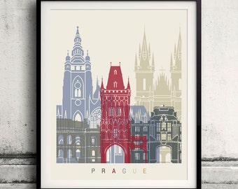 Prague skyline poster - Fine Art Print Landmarks skyline Poster Gift Illustration Artistic Colorful Landmarks - SKU 1854