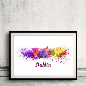 Dublin skyline in watercolor over white background with name of city 8x10 in. to 12x16 in. Poster Wall art Illustration Print  - SKU 0333