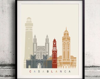 Casablanca skyline poster - Fine Art Print Landmarks skyline Poster Gift Illustration Artistic Colorful Landmarks - SKU 2404