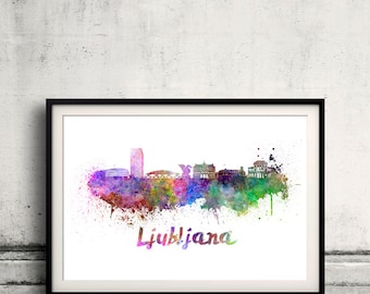 Ljubljana skyline in watercolor over white background with name of city 8x10 in. to 12x16 in. Poster Wall art Illustration Print  - SKU 0307