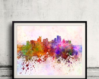 Skyline di Pittsburgh in acquerello sfondo 8x10 in a 12x16 Poster Digital Wall art Illustrazione Stampa Arte Decorativa - SKU 0159