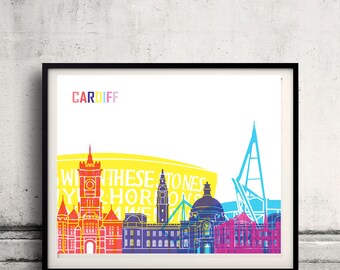 Cardiff skyline pop - Fine Art Print Glicee Poster Gift Illustration Pop Art Colorful Landmarks - SKU 2403