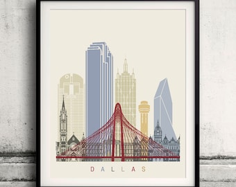 Cartel del horizonte de Dallas - Fine Art Print Monumentos del horizonte Póster Ilustración de regalo Artístico Coloridos puntos de referencia - SKU 1971