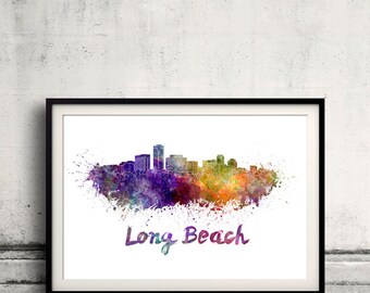Long Beach skyline in watercolor over white background with name of city 8x10 in. to 12x16 in. Poster art Illustration Print  - SKU 0557