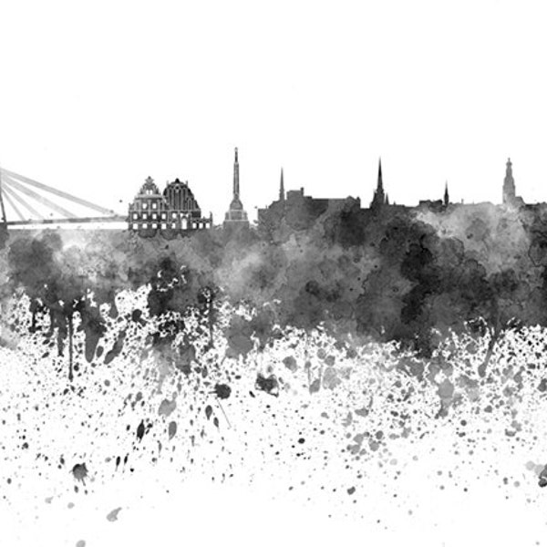Riga skyline in watercolor on white, 8 monochrome colors, and full color 8x10 in. to 12x16 in. Poster Wall art Print Art - SKU 0814