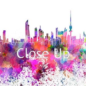 May include: A watercolour painting of the Kuwait City skyline in vibrant colours, with the text "Close Up" below the cityscape.