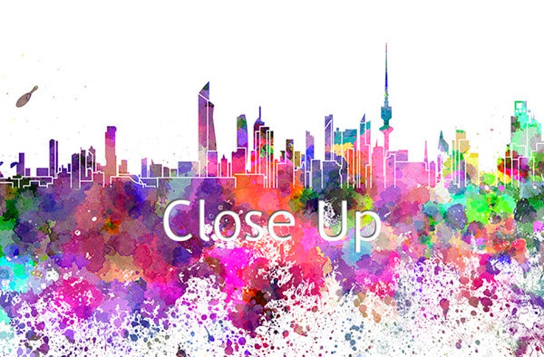 May include: A watercolour painting of the Kuwait City skyline in vibrant colours, with the text "Close Up" below the cityscape.