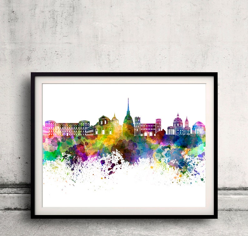 Skyline di Torino in acquerello su bianco, 8 colori monocromatici e a colori da 8x10 in. a 12x16 in. Poster Wall art Stampa Art SKU 0804 immagine 3
