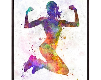 Woman runner jogger jumping powerful in silhouette 8x10 in. to 12x16 in. Poster Digital art Illustration Print Art - SKU 0626