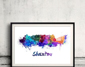 Shantou skyline in watercolor over white background with name of city - Poster Wall art Illustration Print - SKU 1521
