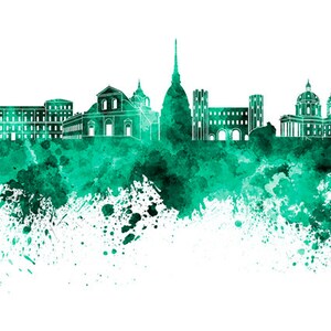 Skyline di Torino in acquerello su bianco, 8 colori monocromatici e a colori da 8x10 in. a 12x16 in. Poster Wall art Stampa Art SKU 0804 immagine 1