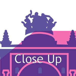 Puede incluir: Una silueta morada de un edificio con un grupo de personas en la parte superior. El edificio tiene una gran arcada con el texto "Close Up" en letras blancas. El fondo es rosa.
