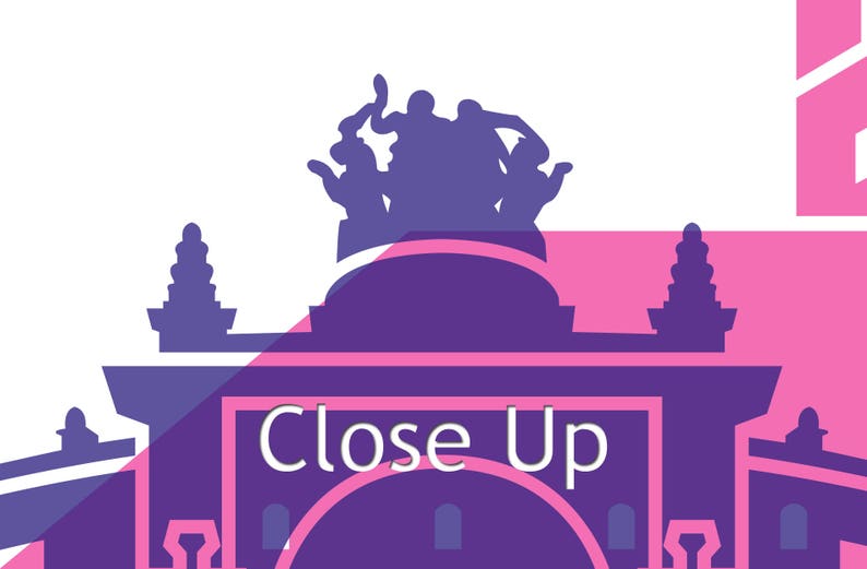 Puede incluir: Una silueta morada de un edificio con un grupo de personas en la parte superior. El edificio tiene una gran arcada con el texto "Close Up" en letras blancas. El fondo es rosa.