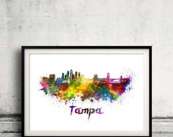 Tampa skyline in watercolor over white background with name of city 8x10 in. to 12x16 in. Poster Wall art Illustration Print  - SKU 0229