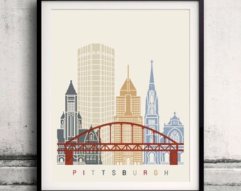 Pittsburgh V2 skyline poster - Fine Art Print Landmarks skyline Poster Gift Illustration Artistic Colorful Landmarks - SKU 2378