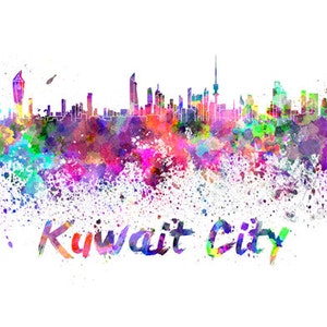 May include: A watercolour painting of the Kuwait City skyline in vibrant colours, with a splatter effect. The text "Kuwait City" is written in a colourful, stylised font below the skyline.