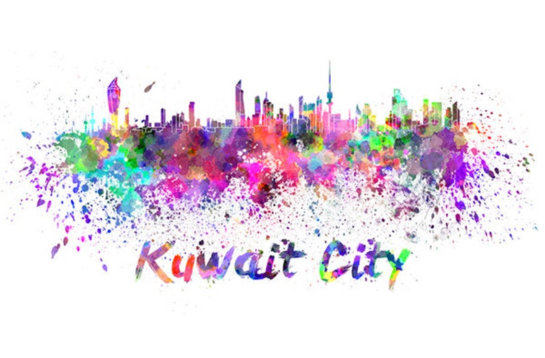 May include: A watercolour painting of the Kuwait City skyline in vibrant colours, with a splatter effect. The text "Kuwait City" is written in a colourful, stylised font below the skyline.