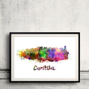 Curitiba skyline in watercolor over white background with name of city - Poster Wall art Illustration Print - SKU 1572