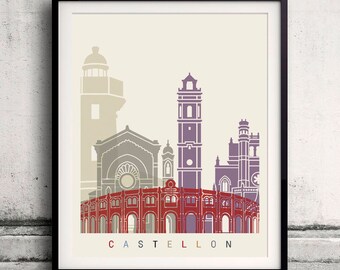 Castellon skyline poster - Fine Art Print Landmarks skyline Poster Gift Illustration Artistic Colorful Landmarks - SKU 2406