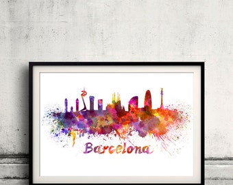 Barcelona skyline in watercolor over white background with name of city 8x10 in. to 12x16 in. Poster Wall art Illustration Print  - SKU 0977