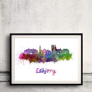 May include: A watercolour painting of the Esbjerg skyline, featuring colourful buildings and a splash of colour in the background.