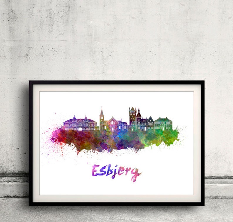 May include: A watercolour painting of the Esbjerg skyline, featuring colourful buildings and a splash of colour in the background.