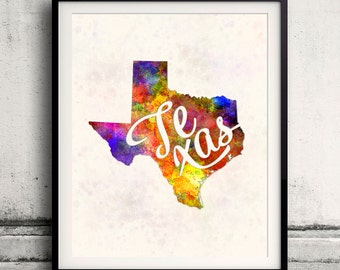 Texas - Kaart in aquarel - Fine Art Print Glicee Poster Decor Home Gift Illustratie Wall Art USA Kleurrijk - SKU 1742