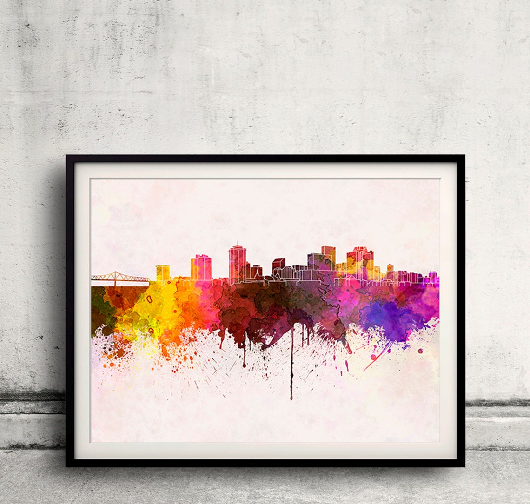 New Orleans Skyline in Watercolor Background 8x10 In. to 12x16 In