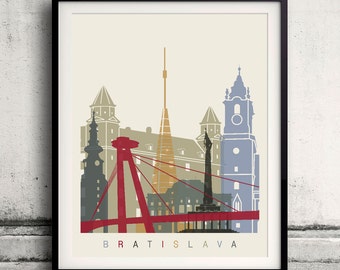 Bratislava skyline poster 8x10 in. to 12x16 in. Fine Art Print Glicee Poster Gift Illustration Artistic Colorful Landmarks - SKU 1178