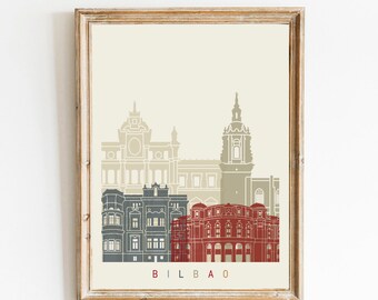 Bilbao skyline Poster in watercolor over white background with name of city Poster art Illustration Print -SKU 2834