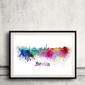 Berlin skyline in watercolor over white background with name of city 8x10 in. to 12x16 in. Poster Wall art Illustration Print  - SKU 0272