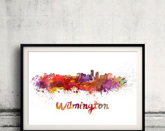 Wilmington skyline in watercolor over white background with name of city - Poster Wall art Illustration Print - SKU 1526