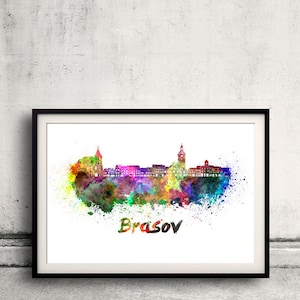 Brasov skyline in watercolor over white background with name of city 8x10 in. to 12x16 in. Poster Wall art Illustration Print  - SKU 0279