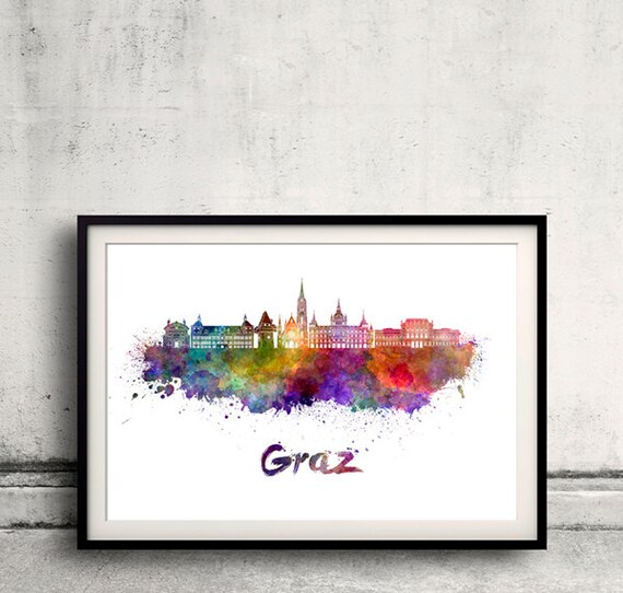 Graz skyline in watercolor over white background with name of city - Poster Wall art Illustration Print - SKU 1608