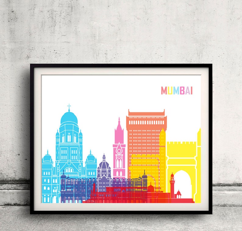 Mumbai skyline pop Fine Art Print Glicee Poster Gift Illustration Pop Art Colorful Landmarks SKU 24511 image 1