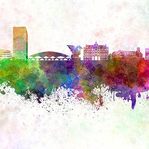 May include: A watercolor painting of a city skyline with a tall building, a bridge, and several other buildings. The painting is done in shades of green, blue, purple, and pink, with splashes of white paint.