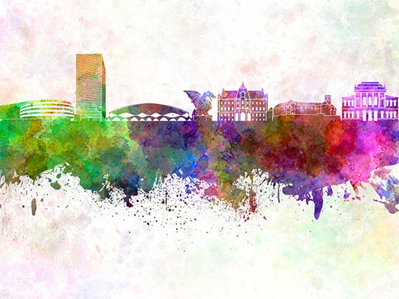 May include: A watercolor painting of a city skyline with a tall building, a bridge, and several other buildings. The painting is done in shades of green, blue, purple, and pink, with splashes of white paint.