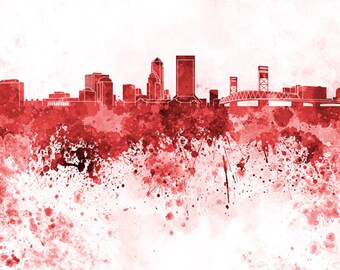 Jacksonville skyline in watercolor on white, 8 monochrome colors, and full color 8x10 in. to 12x16 in. Poster Wall art Print Art - SKU 0822