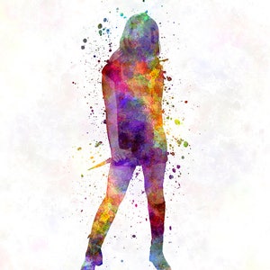 May include: Watercolor painting of a person holding a knife. The person is wearing a purple dress and boots. The background is a white splatter pattern.