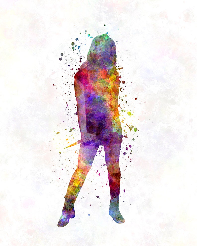 May include: Watercolor painting of a person holding a knife. The person is wearing a purple dress and boots. The background is a white splatter pattern.