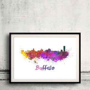Buffalo skyline in watercolor over white background with name of city 8x10 in. to 12x16 in. Poster Wall art Illustration Print - SKU 0983