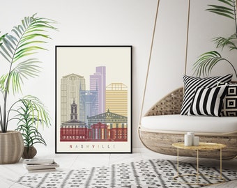 Nashville skyline poster - Fine Art Print Landmarks skyline Poster Gift Illustration Artistic Colorful Landmarks - SKU 2949