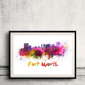 Fort Worth skyline in watercolor over white background with name of city 8x10 in. to 12x16 in. Poster art Illustration Print  - SKU 0368