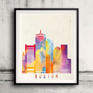 Boston landmarks watercolor poster - Fine Art Print Landmarks skyline Poster Gift Illustration Artistic Colorful Landmarks - SKU 2033