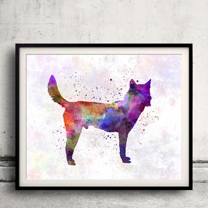 May include: Watercolor painting of a dog in shades of purple, blue, green, and orange. The dog is standing on a white background with a few splatters of paint.