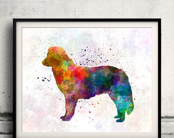 May include: Watercolor painting of a dog in a standing position. The dog is outlined in a variety of colors, including blue, green, yellow, orange, and red. The background is white with a few splashes of color.
