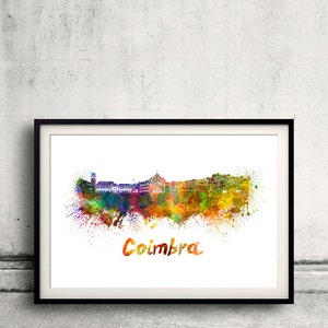 Coimbra skyline in watercolor over white background with name of city 8x10 in. to 12x16 in. Poster Wall art Illustration Print  - SKU 0281